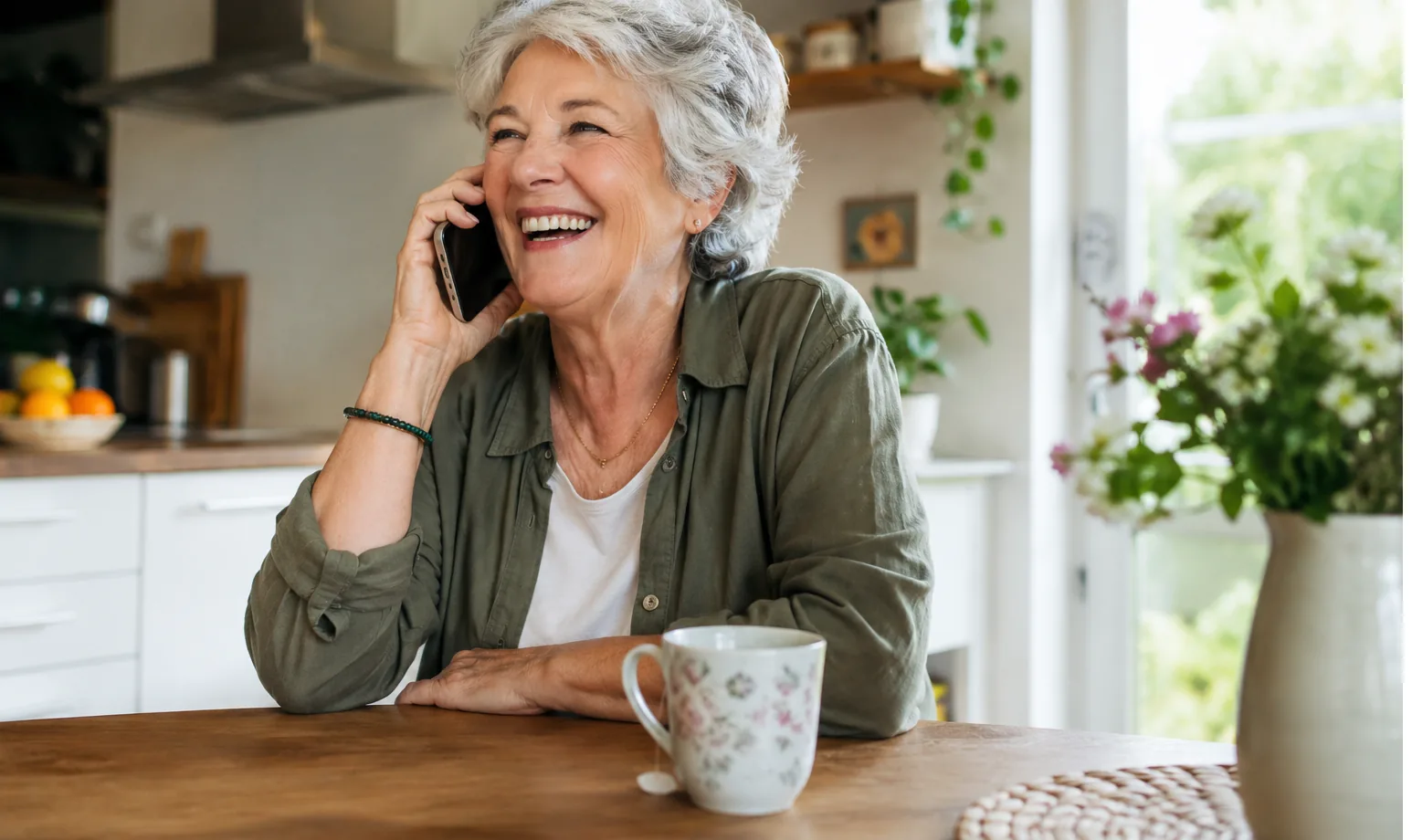 Elderly woman laughing warmly on a phone call